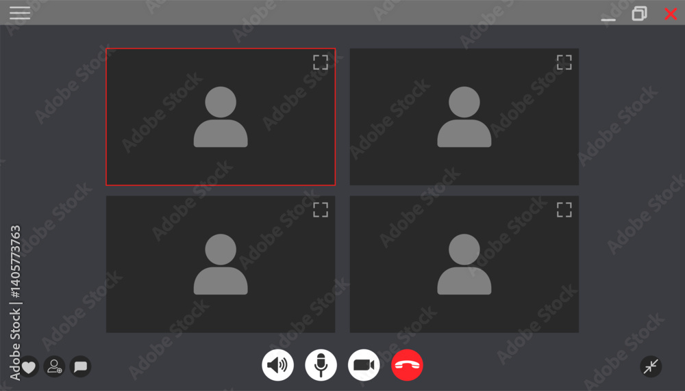 Poster Video chat user interface, play video window with navigation icons, video calls window overlay, remote communication, video chat screen template