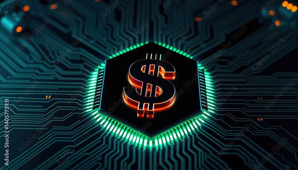 Poster Digital Finance Glowing dollar sign on microchip circuit technology and monetary transactions