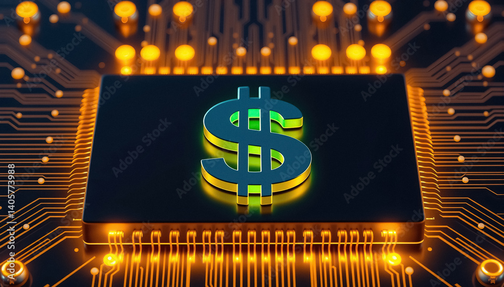 Poster financial technology abstract depicting money dollar symbol on computer chip surrounded by circuits