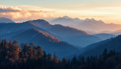Obraz premium Stunning mountain landscape at sunset showcasing layers of peaks and tranquil skies in the distance