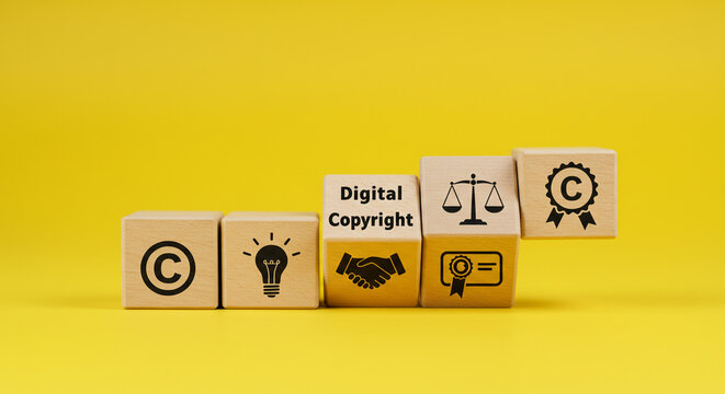 Protecting Digital Creativity: A journey of ideas, law, and copyright secured with vibrant wooden blocks against a sunny yellow backdrop.