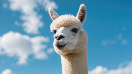 Obraz premium Portrait featuring a lovely white alpaca in front of a blue sky.