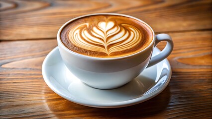 Delicious latte art coffee in white cup on warm wooden surface