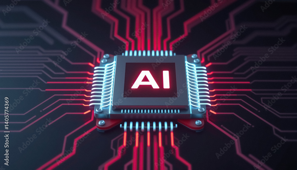 Poster Futuristic AI chip on circuit board glowing with red and blue symbolizing advanced technology