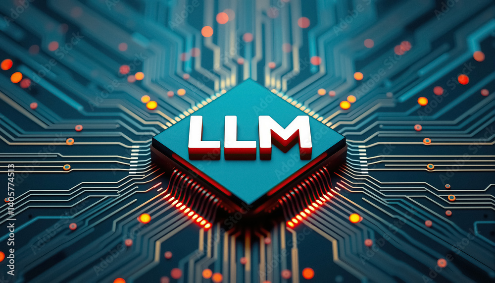Poster LLM technology integrated into complex circuit board with illuminated traces and central processing unit