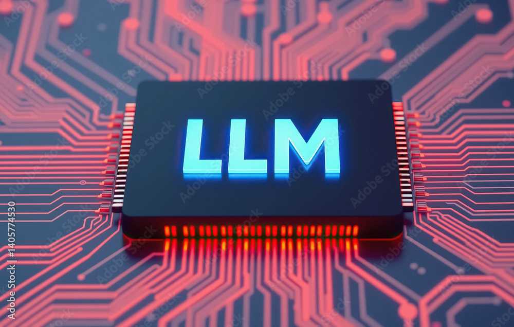 Poster Close up of microchip with LLM in glowing blue letters set against circuit board backdrop