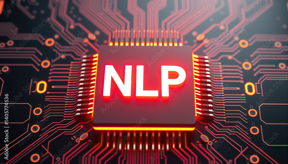 Fototapete central processing unit illuminated on dark circuit board with nlp