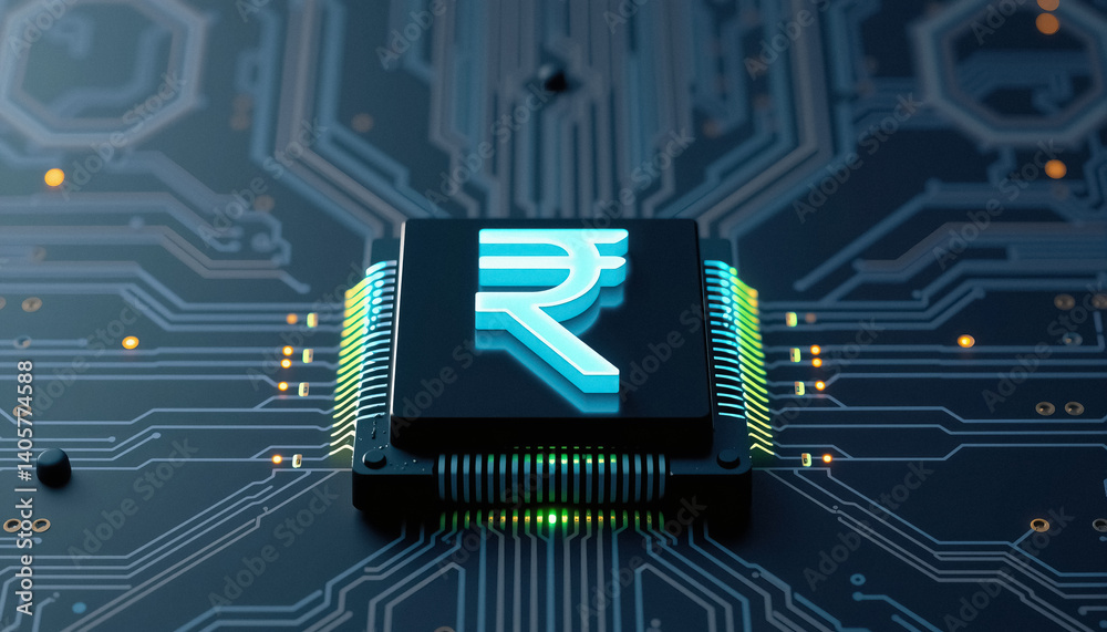 Poster digital indian rupee currency representation with circuit board and processor with rupee symbol fina