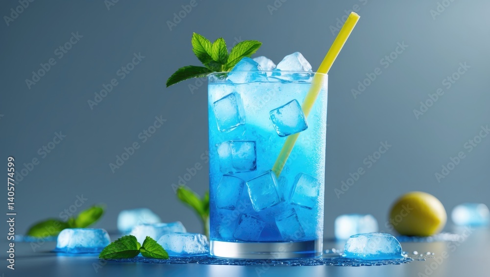 Aufkleber refreshing mojito soda presented in a glass with a straw, side view on a gray backdrop