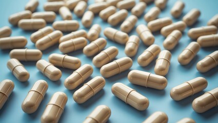 Assortment of medicine tablets and capsules, vitamin supplements