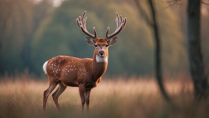 Fototapeta premium Wildlife portrait of a young red deer with antlers in woodland