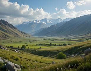 Scenic Mountain Valley Landscape with Green Fields and Snowy Peaks