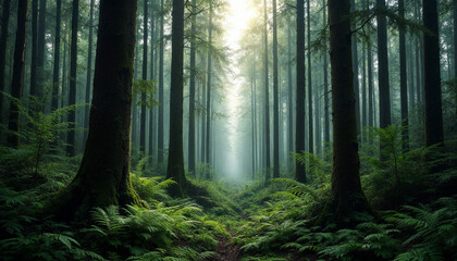 Obraz premium Sunlight filtering through dense trees in a tranquil forest during the early morning hours