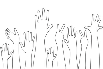 Volunteers and charity work. Raised helping hands. Vector thin line icon illustrations with a crowd of people ready and available to help and contribute. Positive foundation, business, service.