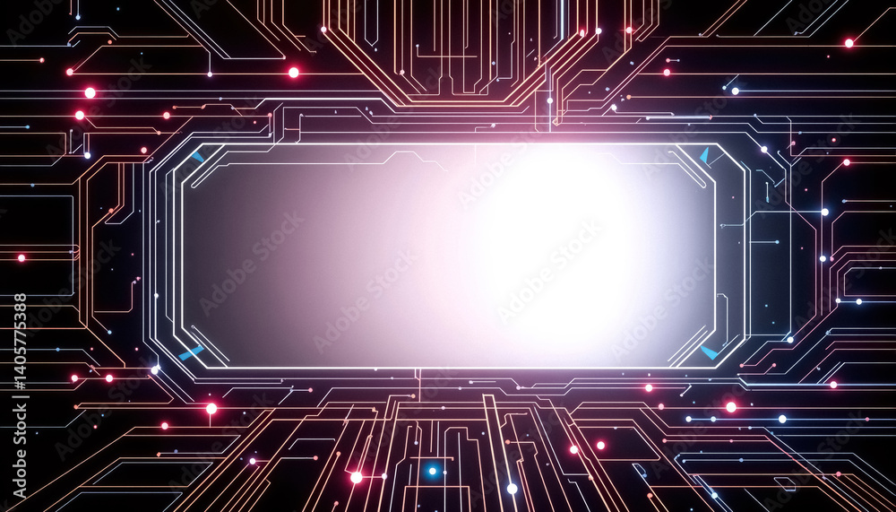 Poster Illuminated digital technology grid layout with central blank frame and interconnected data points