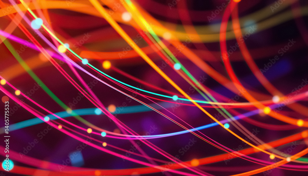Poster Colorful strands of light weave and curve dynamic abstract network on vibrant background