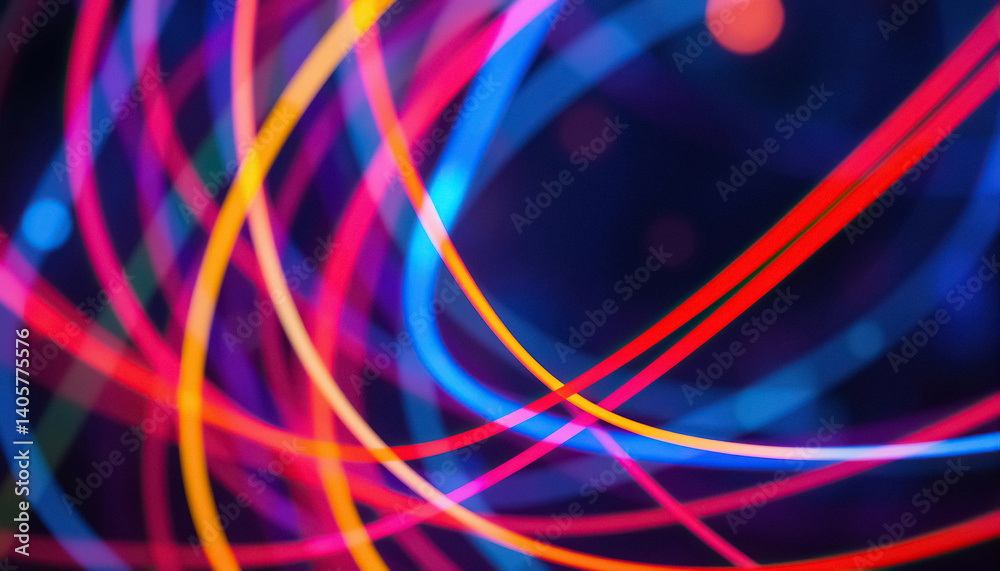 Poster vibrant display of colorful light trails weaving and curving against deep blue background energy