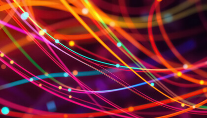 Colorful strands of light weave and curve dynamic abstract network on vibrant background