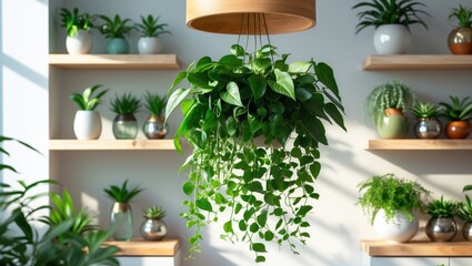 Room featuring shelves populated with green plants.