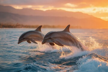Dolphins Leap Joyfully Above Ocean Surface at Sunset Near Tropical Coast