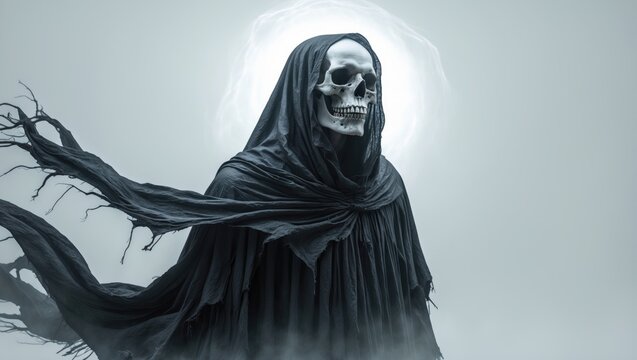 Grim Reaper Alone Against a White Backdrop