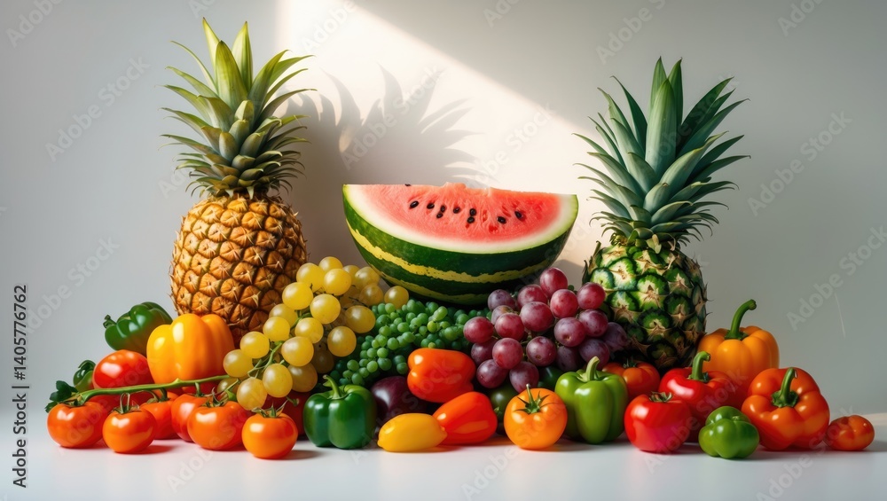 Poster nutritious food - fruits and vegetables set against a blank background, ample room for custom text