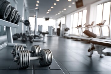Fototapeta premium Empty Gym with Dumbbells and Modern Fitness Equipment in Sunlight