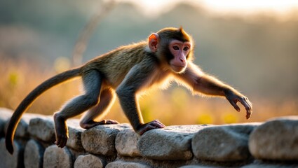 Macaque rhesus perched on the wall against a lovely hazy background. Mischievous monkey nearby. Wild scene with a perilous animal. High temperatures. Macaca mulatta.