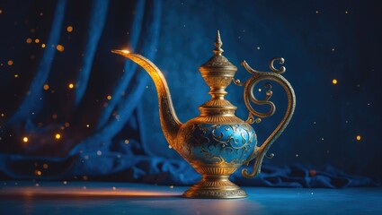 Treasured golden mystic lamp with a blue background, fairy tales and desire achievement notion