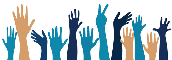 Volunteers and charity work. Raised helping hands. Vector thin line icon illustrations with a crowd of people ready and available to help and contribute. Positive foundation, business, service.