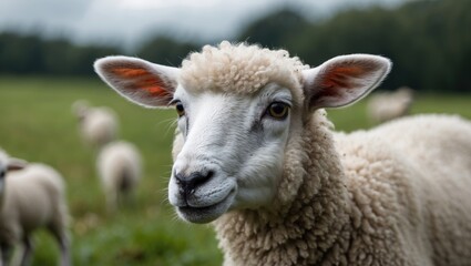 Sheep stares into the camera lens. Close view of a lamb. Natural hues. Playful cute sheep wandering in the meadow. Lambs pose for photographs. Delightful sheep.