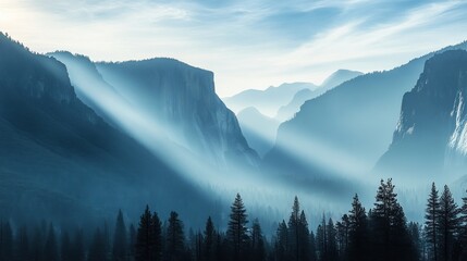 Obraz premium Serene mountain vista bathed in morning light, hazy blue hues