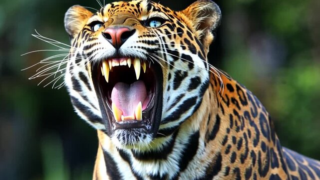 Fierce jaguar roaring in a lush jungle, showcasing its vibrant coat and sharp teeth