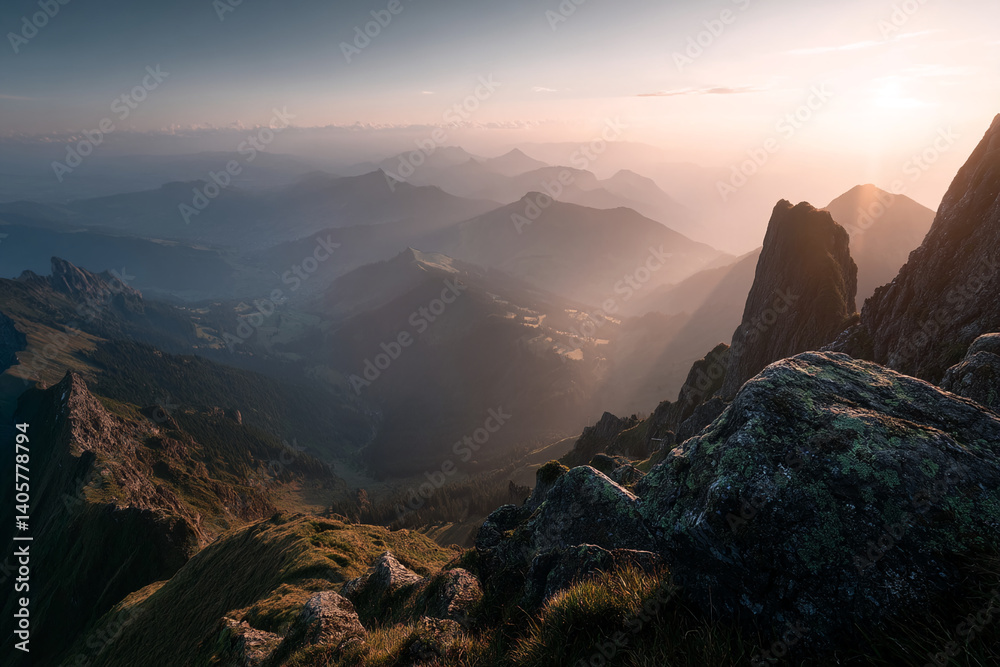 Poster mountain range at sunset, hazy light illuminating layers of peaks and valleys, showcasing a serene a