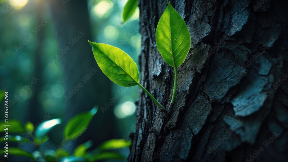 Poster a detailed view of a fresh, bright green leaf sprouting from a tree branch, illuminated by gentle su