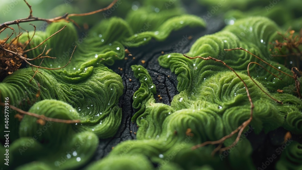 Poster high-quality photo featuring a textured green moss background with selective focus