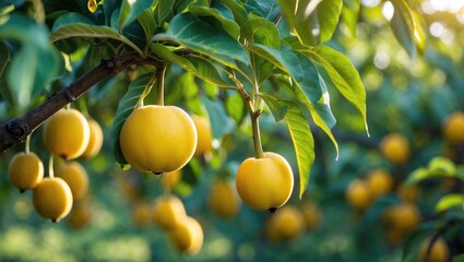 Pyrus pyrifolia dangling from a branch.