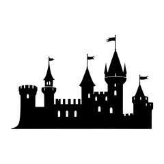 Obraz premium Vector Silhouette of Ancient Castle Featuring Stone Walls, Guard Towers, and Drawbridge for Middle Ages Theme, Royal Fortress, Historical Building, and Fairy Tale Setting