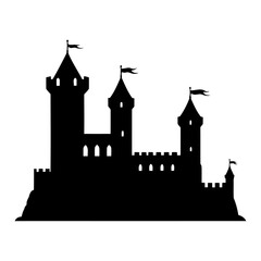 Castle silhouette vector isolated on white background, medieval fortress outline for fairytale design, fantasy art, storybook illustration, or historic-themed graphics.

