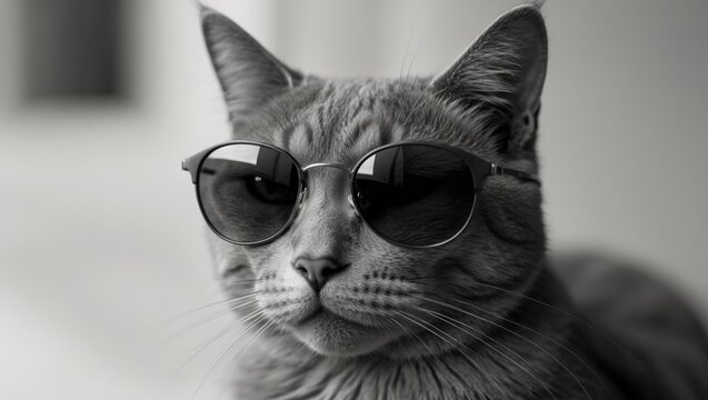 Sunglasses-clad gray cat portrait - Powered by Adobe