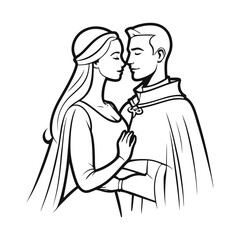 Vector Silhouette of Noble Medieval Couple Holding Hands Depicting Royalty, Aristocratic Romance, Period Couple, and Historical Love Story in Classic Medieval Art Style

