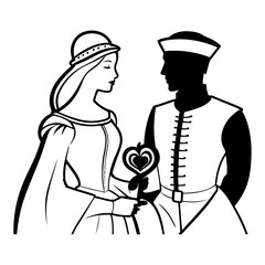 Silhouette of Medieval Couple in Traditional Garb Representing Romance, Courtly Love, Chivalry, Historical Marriage, and Fantasy Romance in Medieval Times

