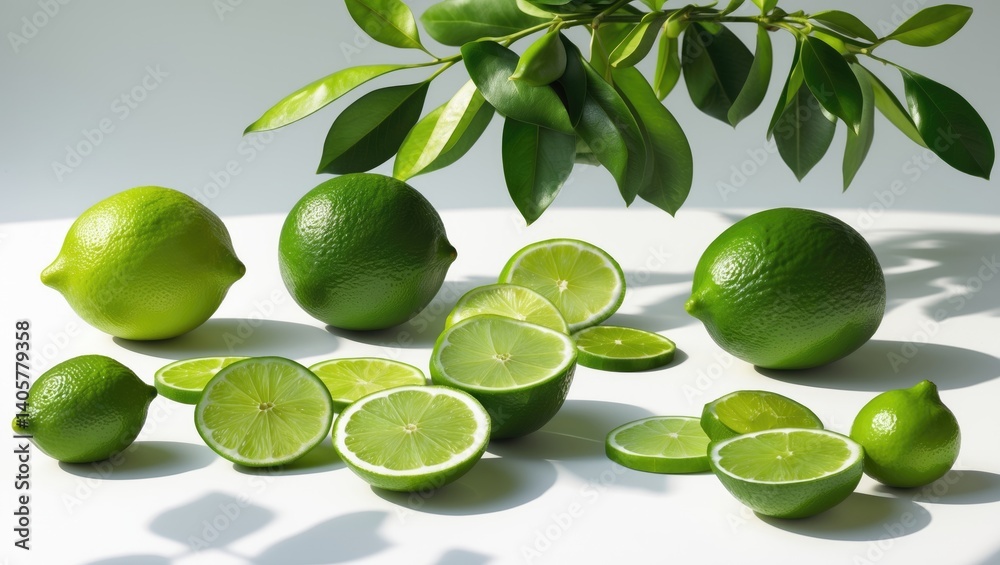 Poster bergamot arranged with slices and flower design isolated on background, clipping path.