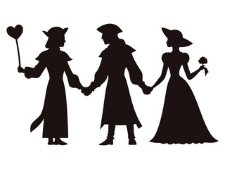 Vector Silhouette of Medieval Love Triangle with Knight, Lady, and Rival Capturing Courtly Love, Jealousy, Romance, Forbidden Affection, and Classic Gothic Themes

