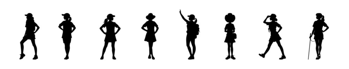 Silhouette Set of Girl Scouts in Uniforms with Backpacks and Outdoor Gear Representing Adventure, Teamwork, Leadership, and Scouting Activities in Vector Illustration Style

