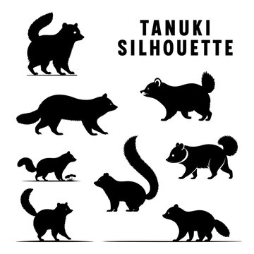 Collection of Tanuki Silhouettes in Standing, Sitting, and Walking Positions for Mythical Animal, Japan Legends, Nature Spirit, and Traditional Character Concepts

