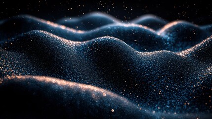 Obraz premium Abstract digital waves of glowing particles. Dark blue and orange shimmering texture with subtle wave patterns