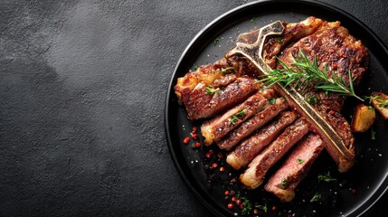 Sliced T-bone or porterhouse beef steak on black plate. Roasted meat cut with herbs, spices. Steakhouse menu recipe with text space.  