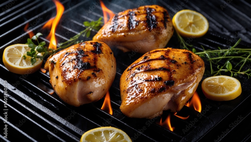Poster top view of grilled chicken breasts on a grill plate against a black background with empty space.