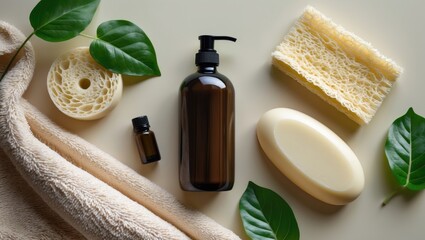 SPA organic natural cosmetic glass bottle containers featuring luffa sponge, solid soap, towel, and green leaves on a pastel backdrop. Zero waste bathroom essentials, plastic-free products